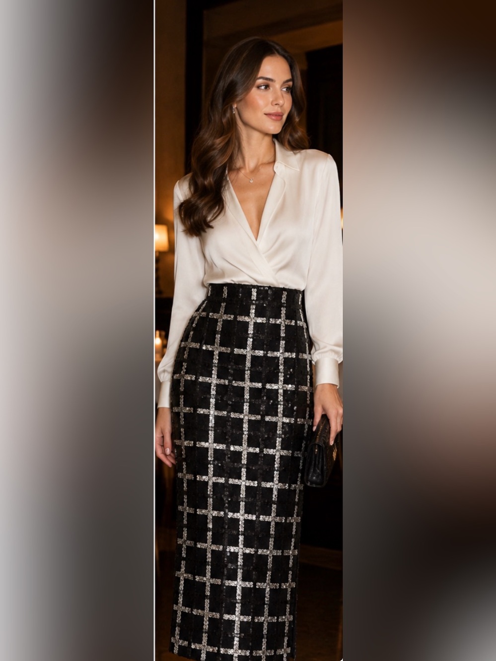 Chaser black sequined grid pattern midi skirt